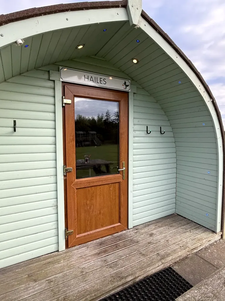 Glamping pod exterior at Gilsland Park, North Berwick